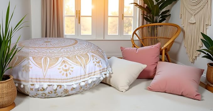 Round Mandala Floor Pillow Cover Seating Cushion Throw Cover Hippie Decorative Bohemian Ottoman Pouf Cover, Pom Pom Pillow Cases,Boho Indian 22 Inches (Gold trishol)