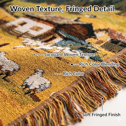 Mountain Cottage Woven Throw Blanket,Wall Hanging with Fringe 51x63 Inch | Meagtlva Jacquard Tapestry Cotton Blend Rustic Cabin Decor,Vintage Wall Hanging Tapestry for Livingroom Bedroom Sofa Bed - color: Alpine Village Sheep Meadow