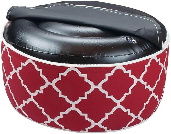 Outdoor/Indoor Inflatable Ottoman Pouf D20 xH9, All Weather Round Footstool with Foot Pump, Water Repellent Portable Footrest with Handle for Patio Garden Camping Travel-Red Geometry