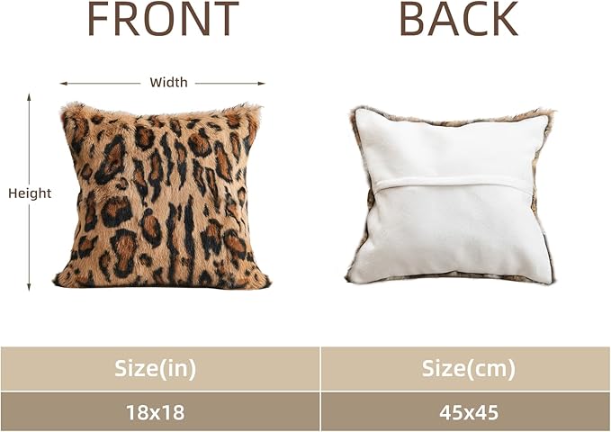 MOOX Rabbit Fur Throw Pillow Covers Decorative Fluffy Soft Fuzzy Plush Luxury Genuine Animal Skin Lumbar Pillow 18"x18" Cushion Cover, Leopard Print