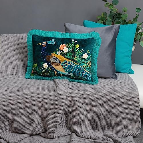 JWH Blue Green Peacock Throw Pillow Cover Flower Print Pillow Case Decorative Chenille Flowers Cushion Tassel Pillowcase for Bed Living Room Chair 14x20 Inch
