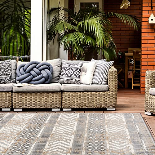 Rugshop Distressed Geometric Indoor/Outdoor Beige Area Rug Modern Tribal Stripe, Durable Stain Resistant Perfect for Patio, Backyard, Deck and Outdoor Lounge 6'6" x 9' - size: 6'7" x 9' (Rectangular)