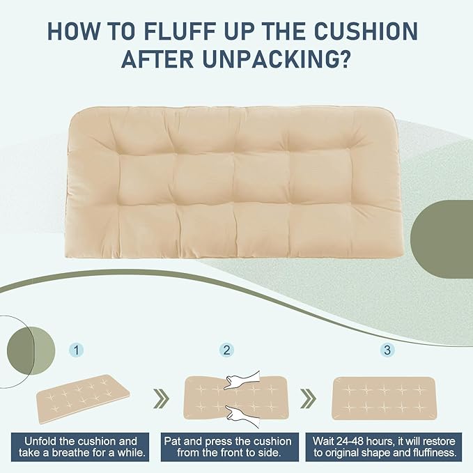 downluxe Outdoor Bench Cushion for Patio Furniture, Water Resistant Tufted Overstuffed Porch Swing Cushions, Thick Outdoor Loveseat Cushions, 48" X 18" X 5", Beige, Set of 1