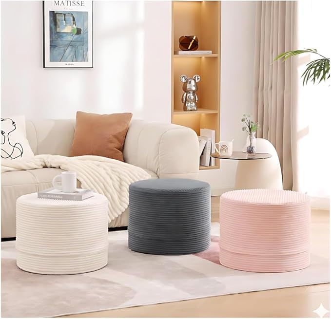 LITA Round Stuffed Pouf Ottoman, Velvet Poufs with High-Density Foam Filling and Washable Cover, Furry and Fluffy Bean Bag Foot Stools Ottoman for Living Room, Bedroom, Office, Grey