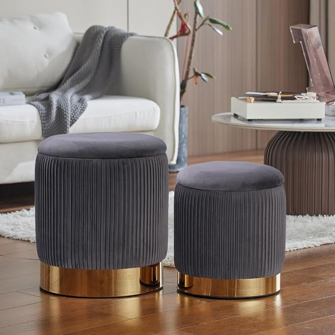 Round Ottoman with Storage Set of 2 Upholstered Velvet Vanity Stool for Living Room Storage Ottomans Multifunctional Foot Rest (Gray)