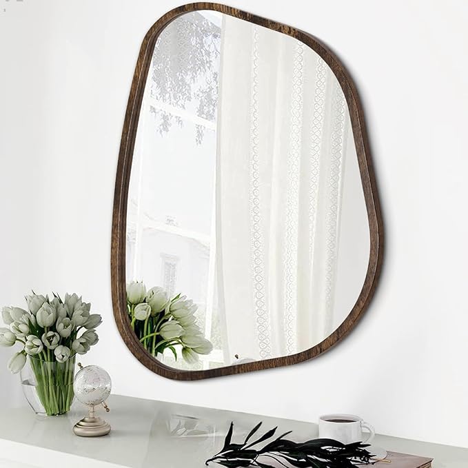 Asymmetrical Mirror Irregular Oval Wall Mirror Modern Wood Frame Unique Shape Wall Mounted Vanity Artistic Mirror Decorative for Living Room Bedroom Bathroom Entryway Hallway 14"x10"