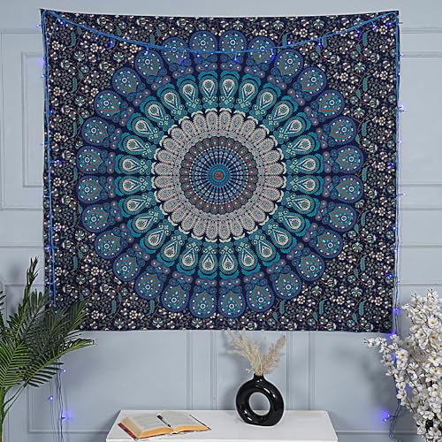 FURNISHFUL FINESSE Handmade Cotton Peacock Mandala Tapestry - Navy Blue & Green Ombre Boho Wall Decor, Bohemian Hippie Room Hanging for Bedroom & Living Room - 30x40 Inches - color: Navy Blue, size: 40"L x 30"W