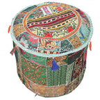 Ethnic Pouffe Ottoman Round Cover Indian Patchwork Embroidered Pouf Green Cotton Floral Traditional Furniture Footstool Seat Puff (16x16x13) Bean Bag Home Decor
