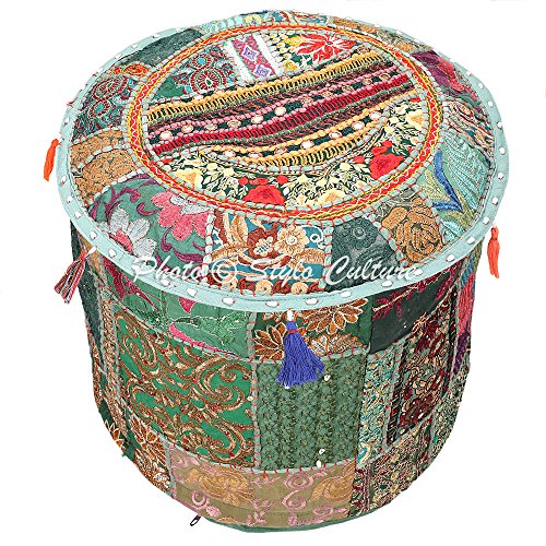 Ethnic Pouffe Ottoman Round Cover Indian Patchwork Embroidered Pouf Green Cotton Floral Traditional Furniture Footstool Seat Puff (16x16x13) Bean Bag Home Decor