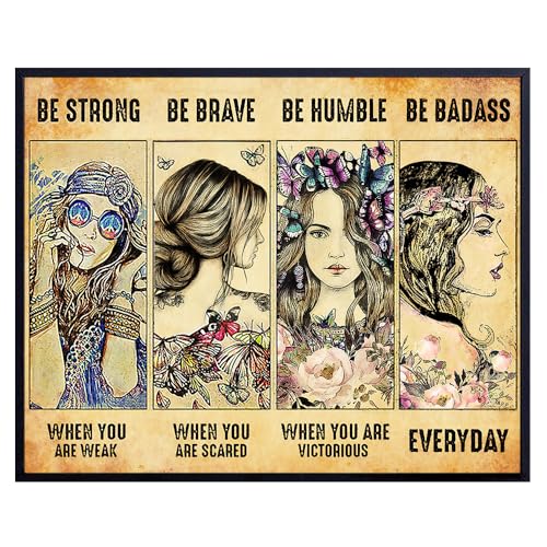 Inspirational Boho Wall Art 11x14 - Be Strong Be Brave Be Badass Motivational Poster - Bohemian Butterfly Positive Quotes for Women - Feminist Empowerment Gifts - Girls Teen Bedroom Hippie Room Decor - size: 11"L x 14"W