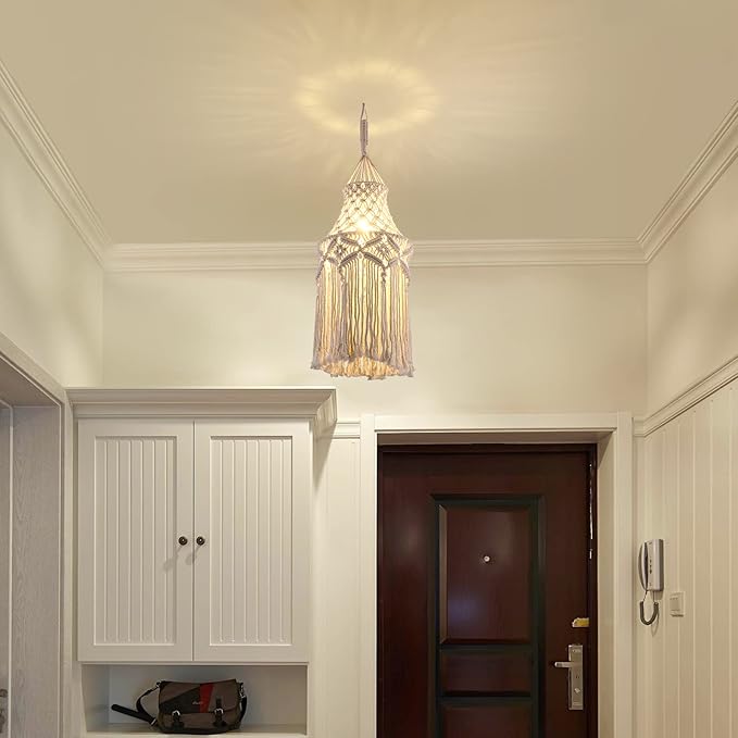 Boho Plug in Pendant Light Macrame Lamp Shade, Hanging Lamp with Plug in Cord,On/Off Switch,Bohemian Hanging Light Fixtures That Plug Into Wall Outlet for Bedroom Decor Living Room