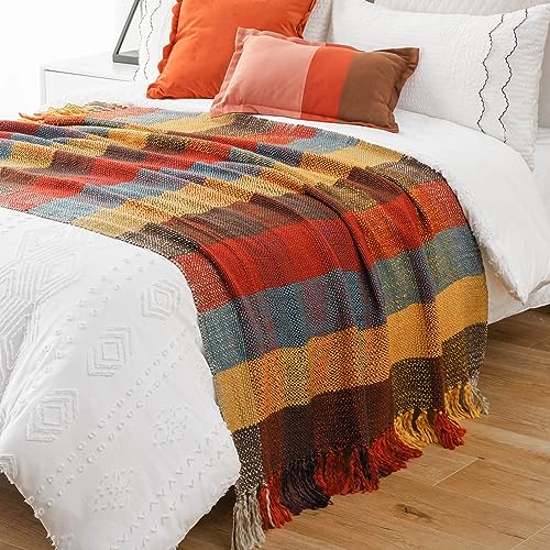 BATTILO HOME Fall Plaid Throw Blanket for Couch, Colorful Throw Blankets, Orange Checkered Throw Blanket for Chair Bed Sofa Rustic Home Decor Fall Decor, 50"x60" - color: Yellow&red