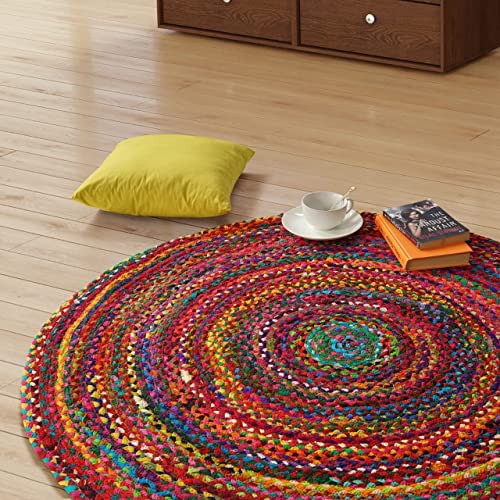 GRUHUM Round Jute Cotton Area Rug 7ft Handwoven Natural Fiber Multicolour Farmhouse Cotton Area Rug Soft Braided Rustic Vintage -Indoor EcoFriendly Kitchen Bedroom Living Hallways Enterways 7'ft Round - color: Multi Color- 27, size: 7' (Round)