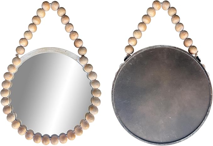 POZINO Wood Beaded Mirror, 20" Boho Round Mirror for Wall, Farmhouse Hanging Rustic Mirrors with Rope, Spherical Frame Circle Mirrors for Bathroom Bedroom Living Room Hallway Fireplace