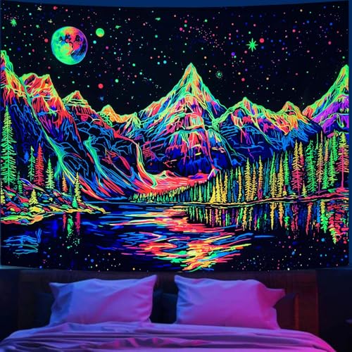Zussun Blacklight Mountain Forest Tapestry for Bedroom Aesthetic Hippie Pine Tree River Lake Tapestries Wall Hanging Glow in The Dark Moon and Stars Wall Tapestry for Living Room Dorm 48 × 36 Inch - color: Colorful Mountain, size: 48"L x 36"W