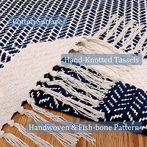 Lahome Belle Boho Bathroom Rugs, Small 2x3 Front Door Mat Lightweight Entryway Rug Woven Cotton Area Rug with Tassels, Farmhouse Non Shedding Washable Blue Throw Rug Low Pile Carpet for Entry Laundry - color: Navy Blue, size: 2' x 3' (Rectangular)
