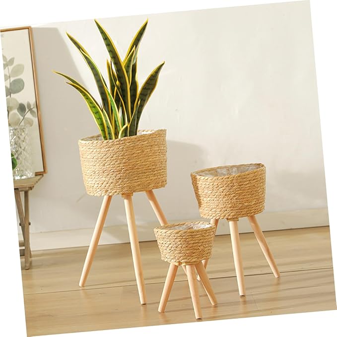 Wooden Woven Vines Plant Pot Stand for Living Room Decor Boho Style Garden Home