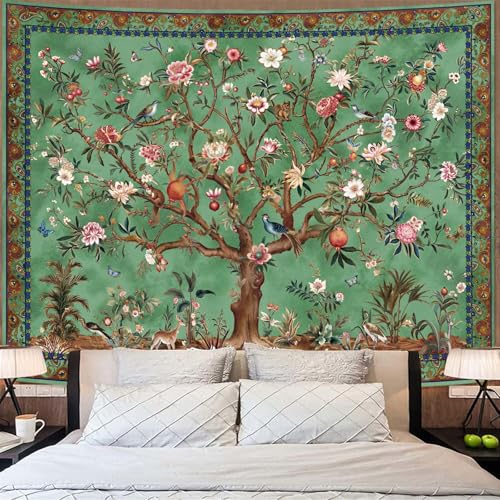 Faxdong Boho Tree of LIfe Tapestry, Vintage Flower Leaves Birds Plant Animal Pattern Tapestries, Retro Indian Bohemian Aesthetic Wall Hanging Green 60×80 inch - color: Green, size: 80"L x 60"W