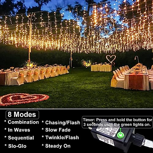 132ft Icicle Lights for Outside - 1280 LED Warm White Twinkle Lights with 240 Drops, 8 Modes Plug in Waterproof Timer Memory. Cannot be Extended. The Plug is in the Middle (66ft+66ft) - color: Warm White, size: 1280LED/132ft