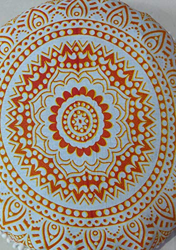 CRAFT KALA Mandala Floor Pillow Cushion Cover Seating Throw Cover Hippie Decorative Bohemian Ottoman Poufs Pom Pom Pillow Cases Boho Indian Cotton Living Room Yoga Home Décor (24" Round, Yellow Ombre) - color: Yellow Ombre, size: 24" x 24" (Pack of 1)
