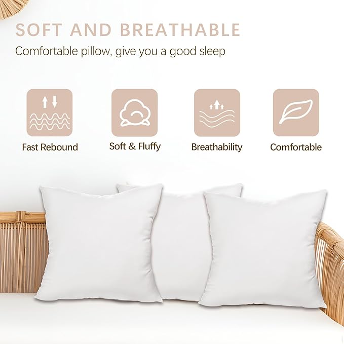 Throw Pillows Insert Set of 2, White 26x26 in Pillow Inserts with 100% Cotton Cover,Bed and Couch Decorative Stuffer Pillows,Indoor Pillows for Sofa