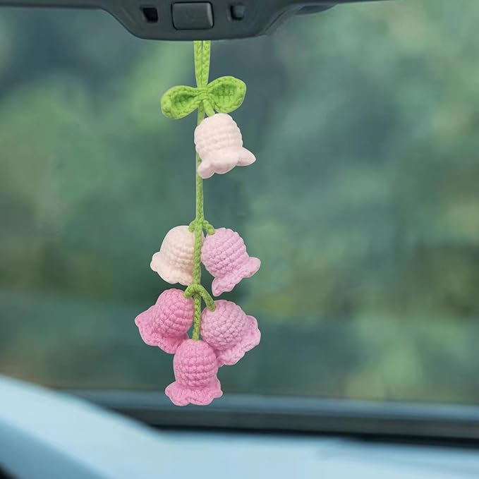 Car Rearview Mirror Hanging Ornament, Crochet Flower Basket Plant Accessories, Handmade Knitted Car Ornament Boho Accessories for Women (Lily of The Valley(Pink))
