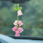 Car Rearview Mirror Hanging Ornament, Crochet Flower Basket Plant Accessories, Handmade Knitted Car Ornament Boho Accessories for Women (Lily of The Valley(Pink))