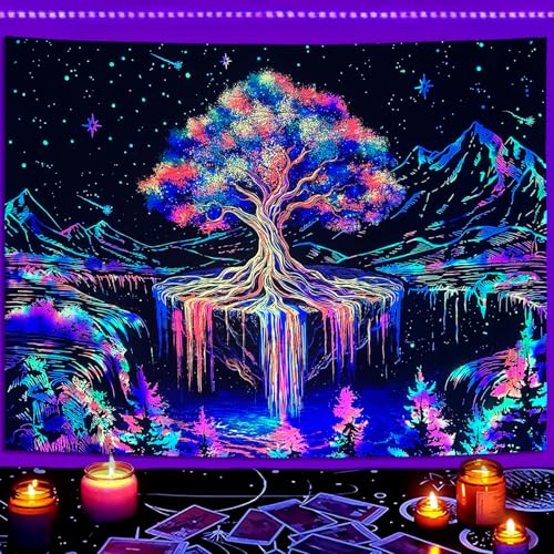Spenlife Blacklight Tree of Life Tapestry Neon Fantasy Tapestry for Bedroom Rainbow Tapestries Wall Hanging Bedroom Living Room Wall Art and Home Decor 44x60 - color: Bright Yellow, size: 60"L x 44"W