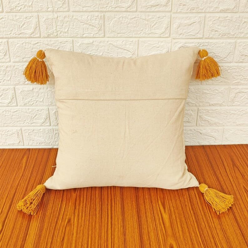 Boho Tufted Tassel Throw Pillow Cover, Mustard Yellow Geometric Square Decorative Cushion Case, Textured Woven Neutral Pillowcase for Couch Sofa Bedroom Home Decor, 18x18 Inch (Pillow Insert Not Inclu