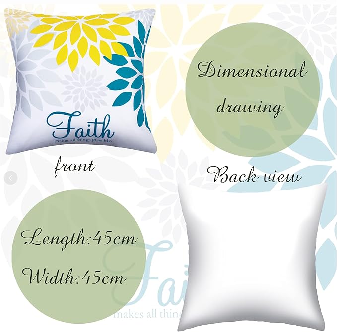 Tatuo 4 Pcs Flower Pillow Covers Square Spring Pillow Cushion Cases 18 x 18 Inch Family Faith Hope Love Words Decorative Summer Winter Cushion Case for Bed Couch Sofa Living Room(Blue Series)