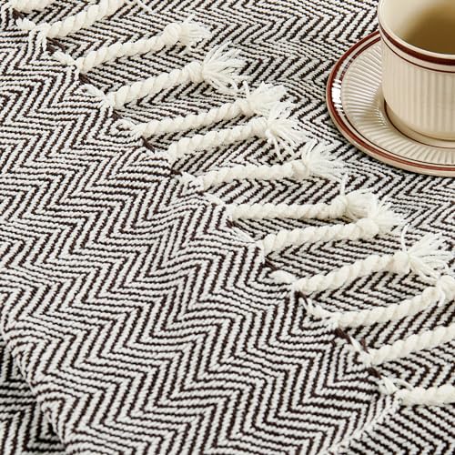 Herringbone Knitted Two Tone Throw Blankets with Braided Tassel Fringe, Boho Farmhouse Lightweight Turkish Throw Blanket for Couch Bed Sofa, Picnic, Yoga, Outdoor Blanket, 50 x 60 Inch, Coffee Brown - color: Coffee Brown