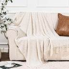 BATTILO HOME Large Cream Throw Blanket with Fringe, End of Bed Throw Blankets White,Spring Throw Blanket for Couch Sofa Indoor Outdoor, 52"x80"