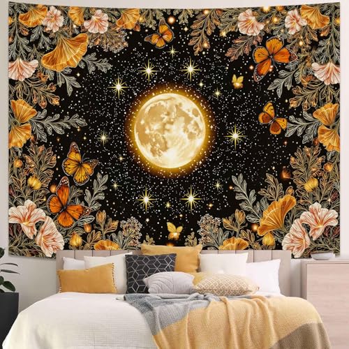 Kanuyee Golden Ginko Tapestry Nature Style Tapestry for Bedroom Celestial Starry Sky tapestries Wall Hanging Aesthetic Room Decor Full Moon and Ginko Leaves 80"x60" - color: Black Pink, size: 80"L x 60"W