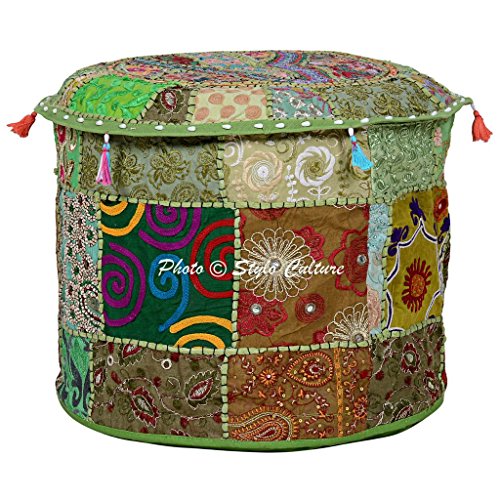 Cotton Round Embroidered Patchwork Ottoman Vintage Patches Pouffe Stool Pouf Cover Green Floral 45 cm Footstool Floor Cushion Ethnic Bean Bag Home Decor - color: Parrot Green