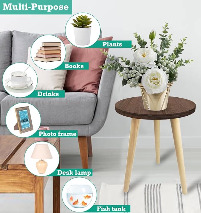 14IN Tall Plant Stand Holder for Indoor Planters, Mid Century Small Round Wood Table for Living Room Corner Floor