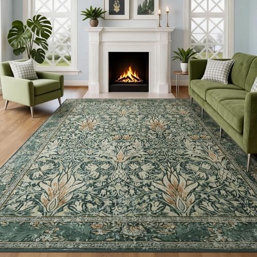 Vintage Floral 5x7 Area Rug,Soft Non-Slip Machine Washable Rug for Living Room Bedroom,Stain Resistant Carpets for Dining Room Farmhouse Nursery Home Office - color: Darkgreen, size: 5' x 7' (Rectangular)