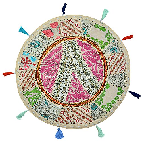 Ethnic Outdoor Floor Cushion Vintage Bohemian Patchwork Cover Round White Small Throw Pillow Covers 18 x 18 Decorative Decor Seating Tuffet Cover Footstool Cotton Embroidered 1 Pc - color: White