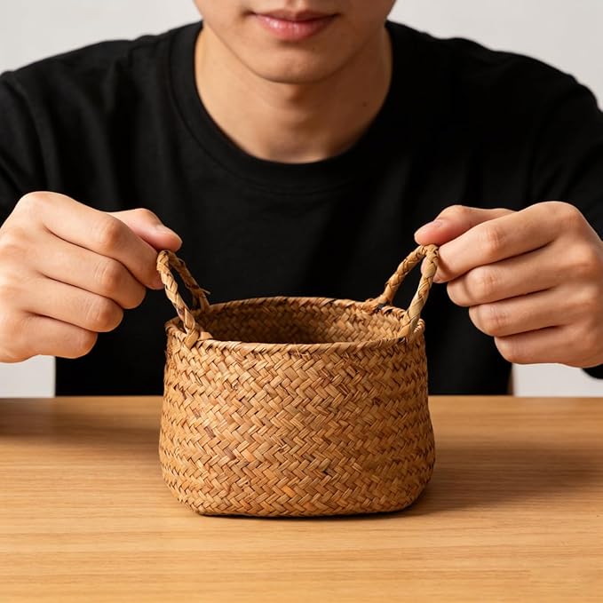 DOITOOL Japanese Style Woven Storage Basket with Handles 7.67X6.49X6.29In Multifunctional Organizer for Cosmetics Desktop Flowers and Sundries