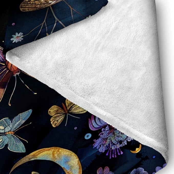 Celestial Witch Garden Throw Blankets Butterfly Moon Flower Fleece Throw Blanket,Dark Botanical Floral Plant Boho Cozy Decor Nap Blankets for Sofa Bed Couch Chair or Dorm Throws 50"x60"