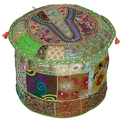 Cotton Round Embroidered Patchwork Ottoman Vintage Patches Pouffe Stool Pouf Cover Green Floral 45 cm Footstool Floor Cushion Ethnic Bean Bag Home Decor - color: Parrot Green