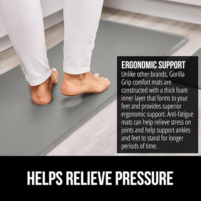 GORILLA GRIP 2 Pack Comfortable Cushioned Kitchen Mats for Floor, 17x24 + 17x48, Waterproof and Stain Resistant, 1/2 Inch Thick Soft Ergonomic Standing Desk Anti Fatigue Mat, Foam Supports Feet, Grey