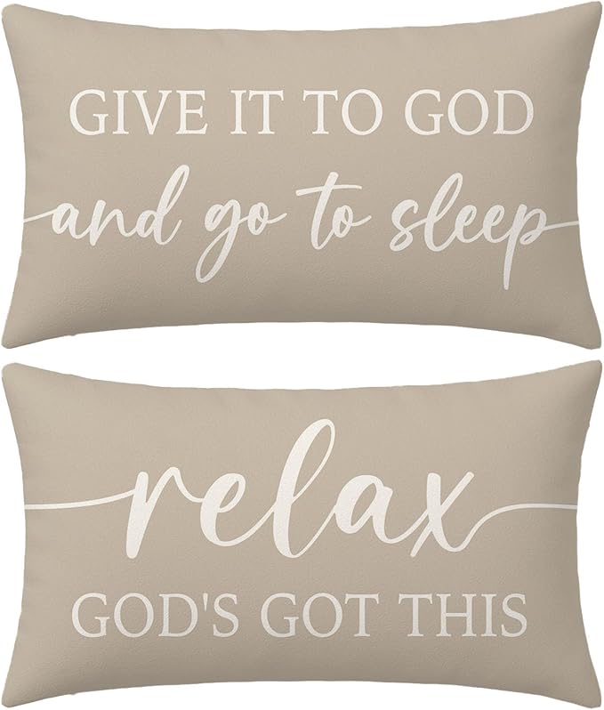 Warm Beige Lumbar Pillow Covers 12x20 Inch Set of 2 – Christian Throw Pillowcase for Couch – Give It to God and Go to Sleep/Relax God’s Got This – Faith-Based Decor