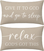 Warm Beige Lumbar Pillow Covers 12x20 Inch Set of 2 – Christian Throw Pillowcase for Couch – Give It to God and Go to Sleep/Relax God’s Got This – Faith-Based Decor