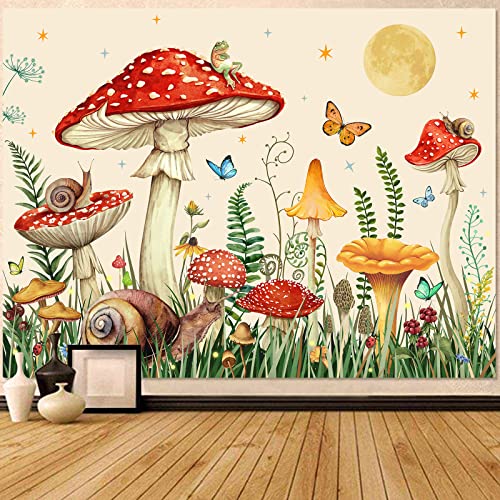 Zussun Red Mushroom Tapestry Moon Star Tapestries for Bedroom Aesthetic Beige Starry Night Green Plant Tapastrys Wall Hanging Butterfly Snail Frog Wall Tapestry for Living Room Dorm (Beige, 60" x 44") - color: Beige, size: 60"L x 44"W