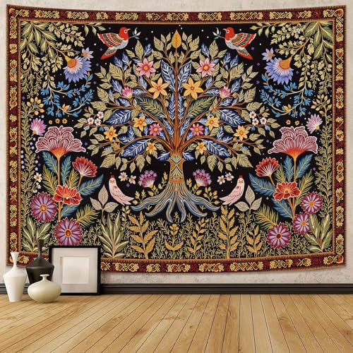 Lunerfex Tree of Life Wall Tapestry - Vibrant Folk Art & Botanical Wall Hanging for Bedroom and Living Room Decor - Boho Nature Tapestries 60"x44" - color: Black Red, size: 60"L x 44"W