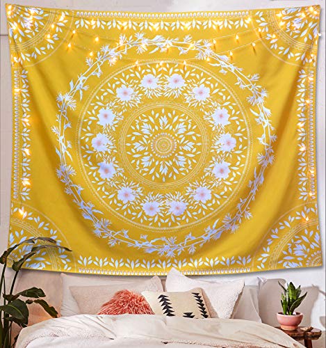 Lifeel Yellow Bohemian Tapestry Wall Hanging, Mandala Floral Medallion Hippie Tapestry with White Aesthetic Wreath Design, Gold Wall Decor Blanket for Bedroom Home Dorm,Small 50×60 inches - color: Yellow, size: 60"L x 50"W