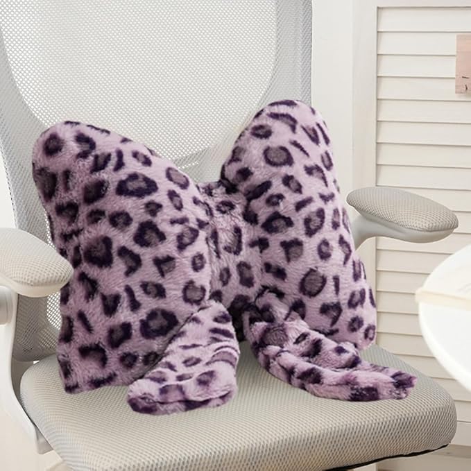 Leopard Print Throw Pillow Furry Bow Plush Pillows Cute Flower Plush Pillow Cheetah Home Decor Stuffed Bow Lumbar Pillow for Bed Couch Living Room Decor (Purple, 16in)