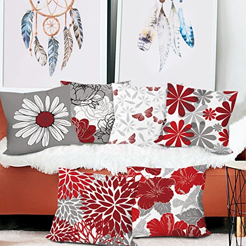 COMMINY Red Grey Pillow Covers 16x16 Set of 6 Decorative Burgundy Daisy Throw Pillow Cover for Couch Modern Farmhouse Cushion Cover for Patio Sofa Bed Living Room Home Decor - color: Red Grey Daisy, size: 16" x 16" (Pack of 6)