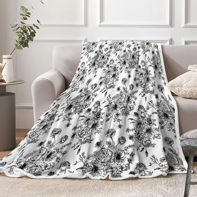 Floral Throw Blanket, Botanical Floral Blanket, Soft, Flannel, Warm, Boho Floral Bed Blanket All Season Flower Throw Blanket for Couch Bedroom Living Room, Black 60X90 Inch