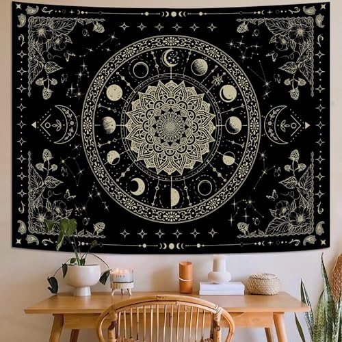 Lunerfex Mandala Moon Tapestry Boho Tapestry for Bedroom Black Tapestries Wall Hanging Living Room Wall Art and Home Decor 44x60 - color: Black, size: 60"L x 44"W